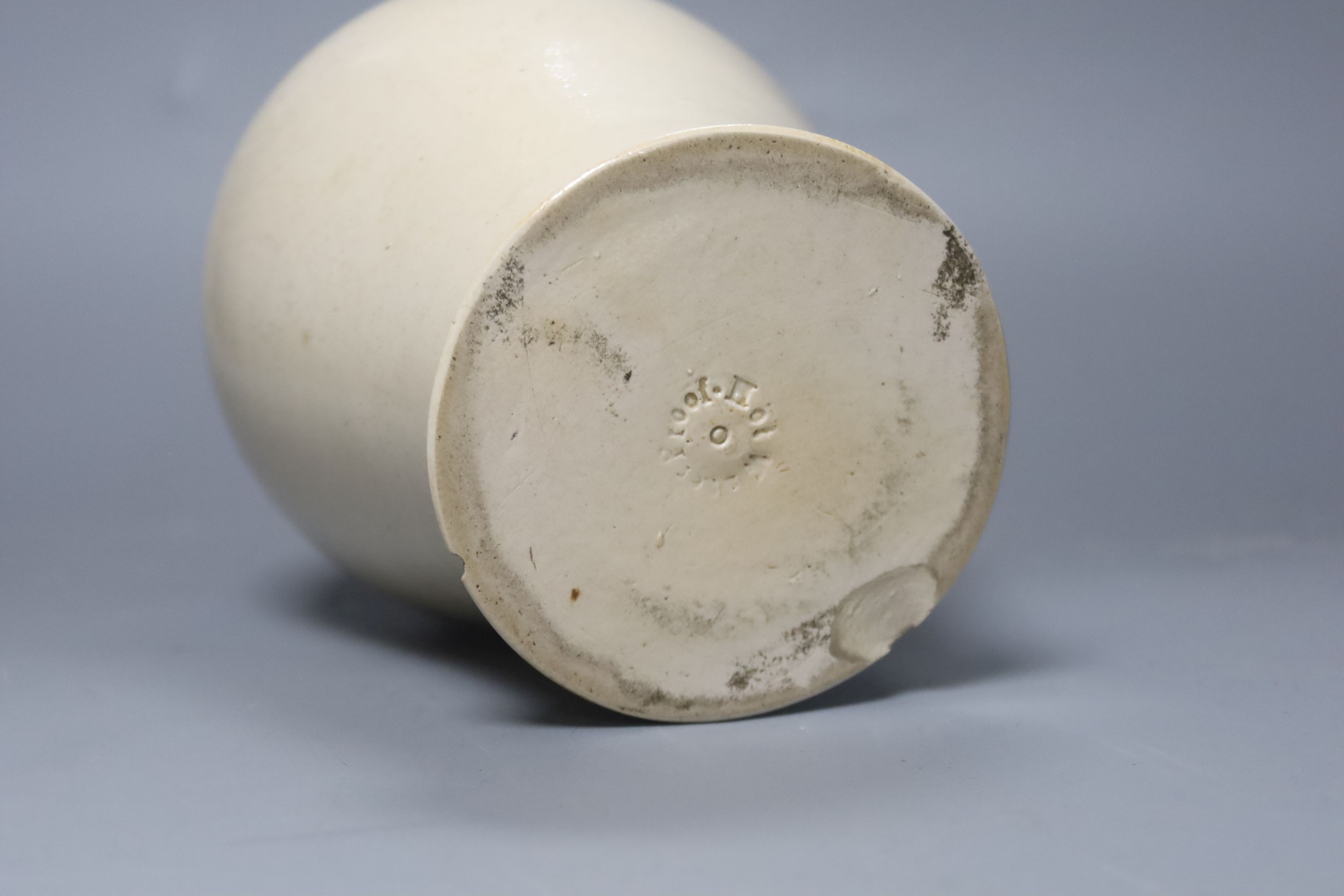 A silver mounted stoneware pitcher ‘presented by Joseph Neeld Esq to Joseph Cirvers 1848’ the base marked ‘Hot water proof’ 26cm